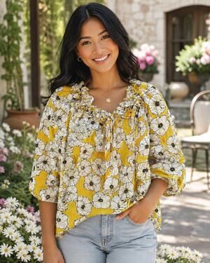 Never A Wallflower Yellow White Silk Cotton Floral Vicki Top Blouse Size Medium